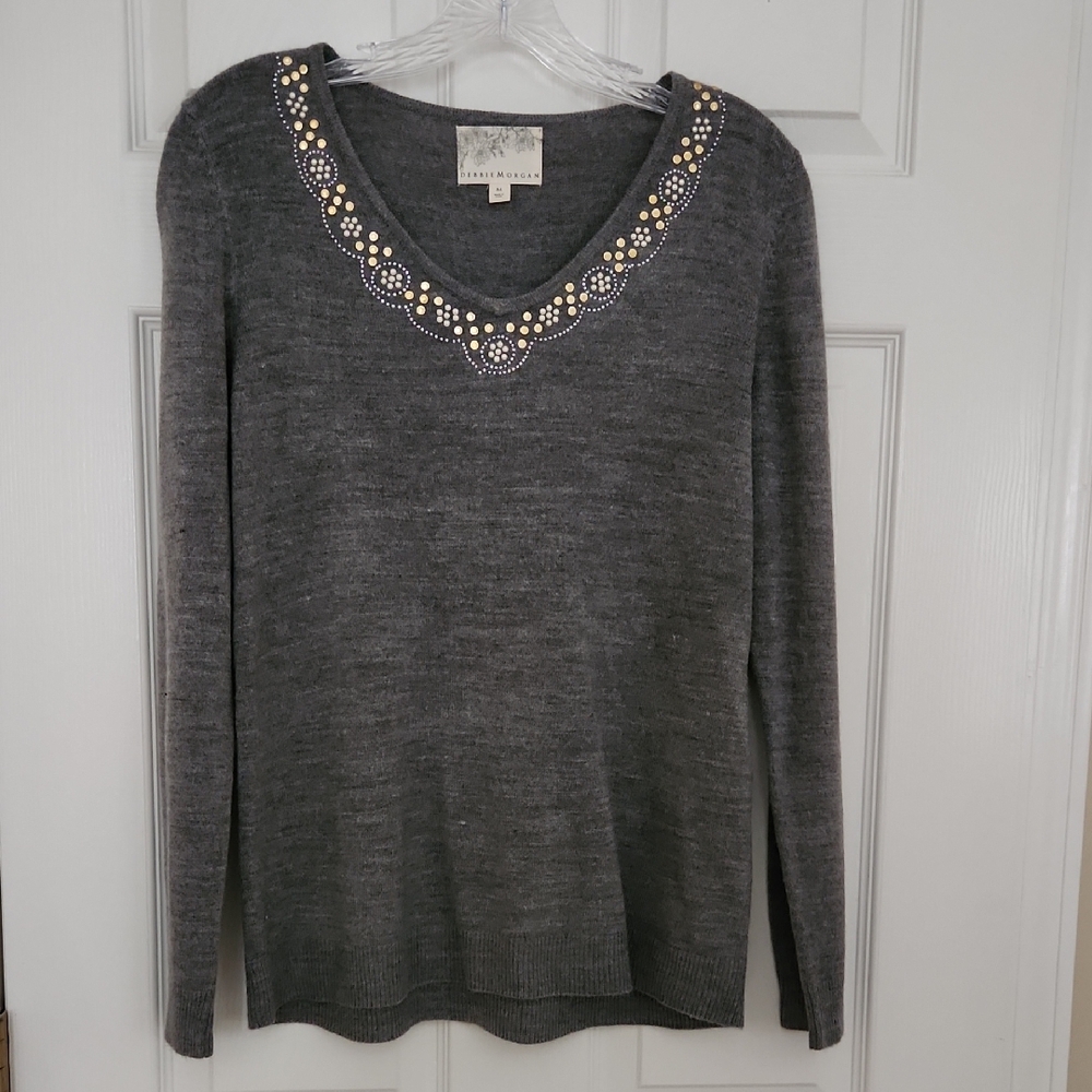 Gray Sweater with Gold/Pearl Embellishments